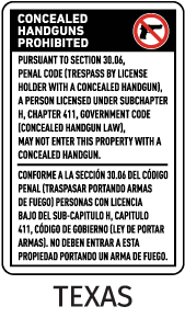 Texas 30.06 Bilingual No Concealed Carry Sign